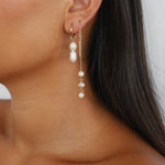 ellar threader earrings, gold delicate threader earrings with three freshwater pearls