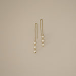 ellar threader earrings, gold delicate threader earrings with three freshwater pearls