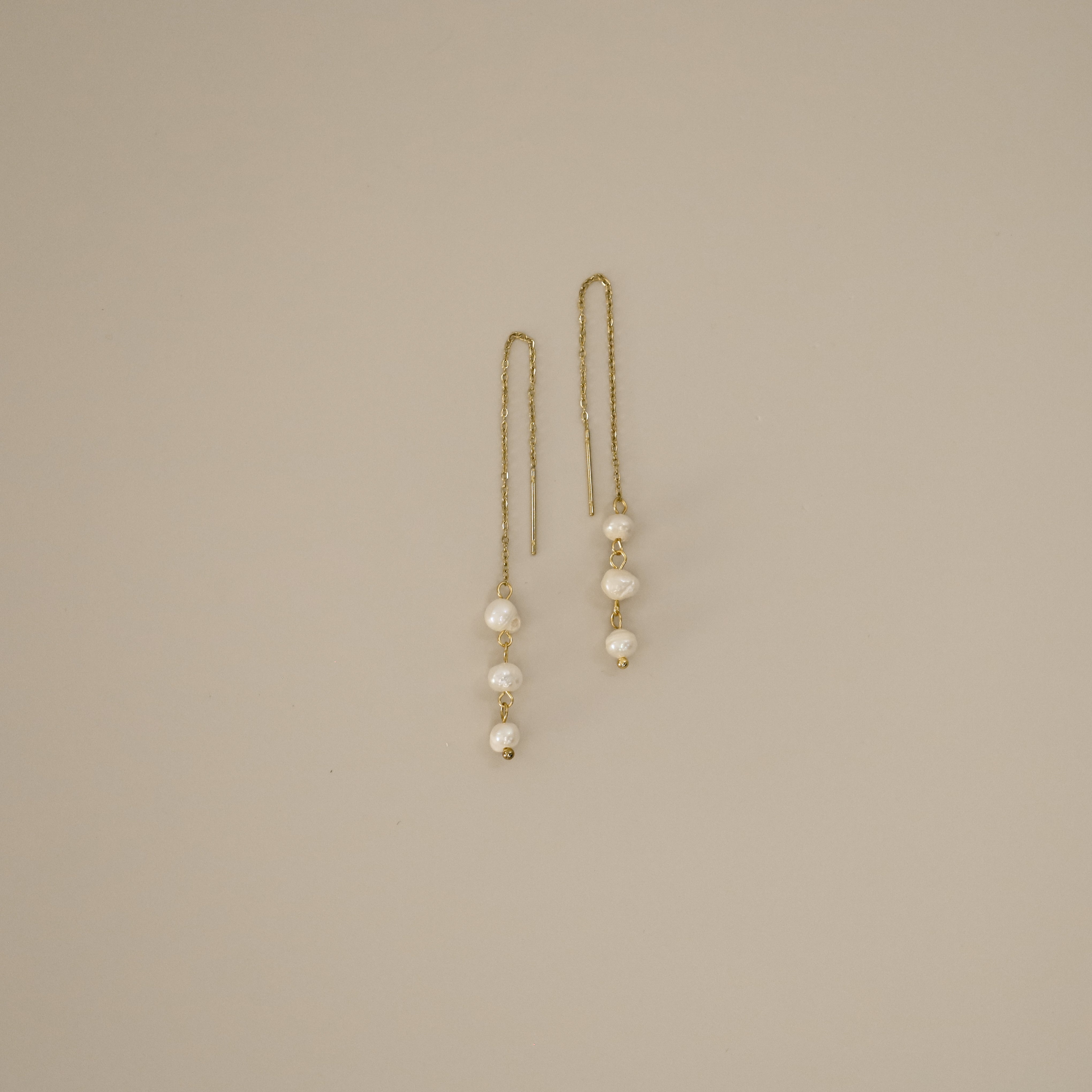 ellar threader earrings, gold delicate threader earrings with three freshwater pearls