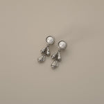 verrmae, eluzia silver earring, pearl stud earring with 3 silver teardrop pendants, rhodium plated jewellery, rhodium plated earrings, rhodium plated stainless steel, rhodium plated, waterproof jewellery, vintage inspired jewellery, vintage inspired earrings, jewellery melbourne, jewellery, statement jewellery, everyday jewellery, silver jewellery, silver earrings, silver plated earrings, silver plated jewellery, jewellery australia