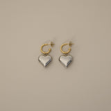 verrmae, etta mixed earrings, slim gold hoop with chunky silver heart pendant hanging, rhodium plated jewellery, rhodium plated earrings, rhodium plated stainless steel, rhodium plated, waterproof jewellery, vintage inspired jewellery, vintage inspired earrings, jewellery melbourne, jewellery, statement jewellery, everyday jewellery, silver jewellery, silver earrings, silver plated earrings, silver plated jewellery, jewellery australia