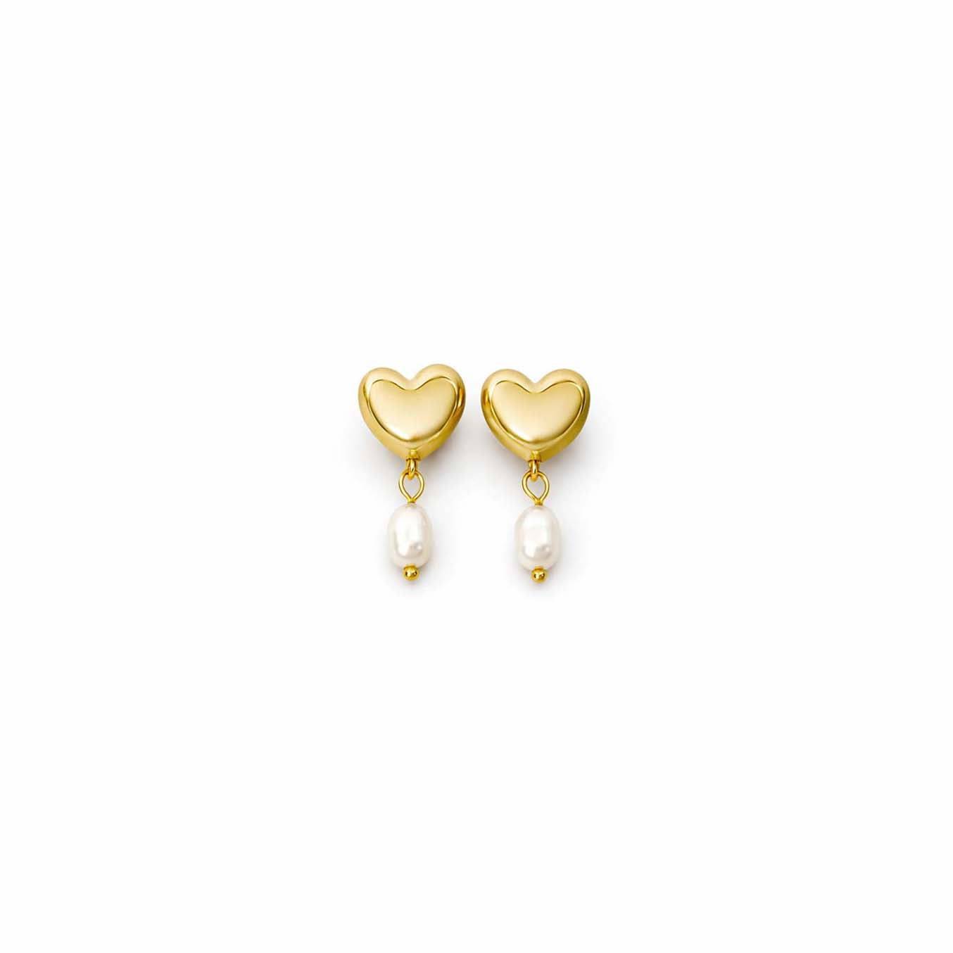 Gold heart-shaped earrings with pearl drops on a white background