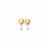 Gold heart-shaped earrings with pearl drops on a white background