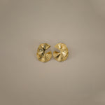 elili earrings, gold bold statement earrings with a wavy double fan-like shape and detailed with fine ribbed lines