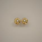 edelle earrings, gold stud earrings with hammered finish and pearl center