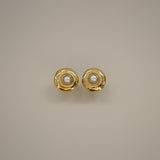 edelle earrings, gold stud earrings with hammered finish and pearl center