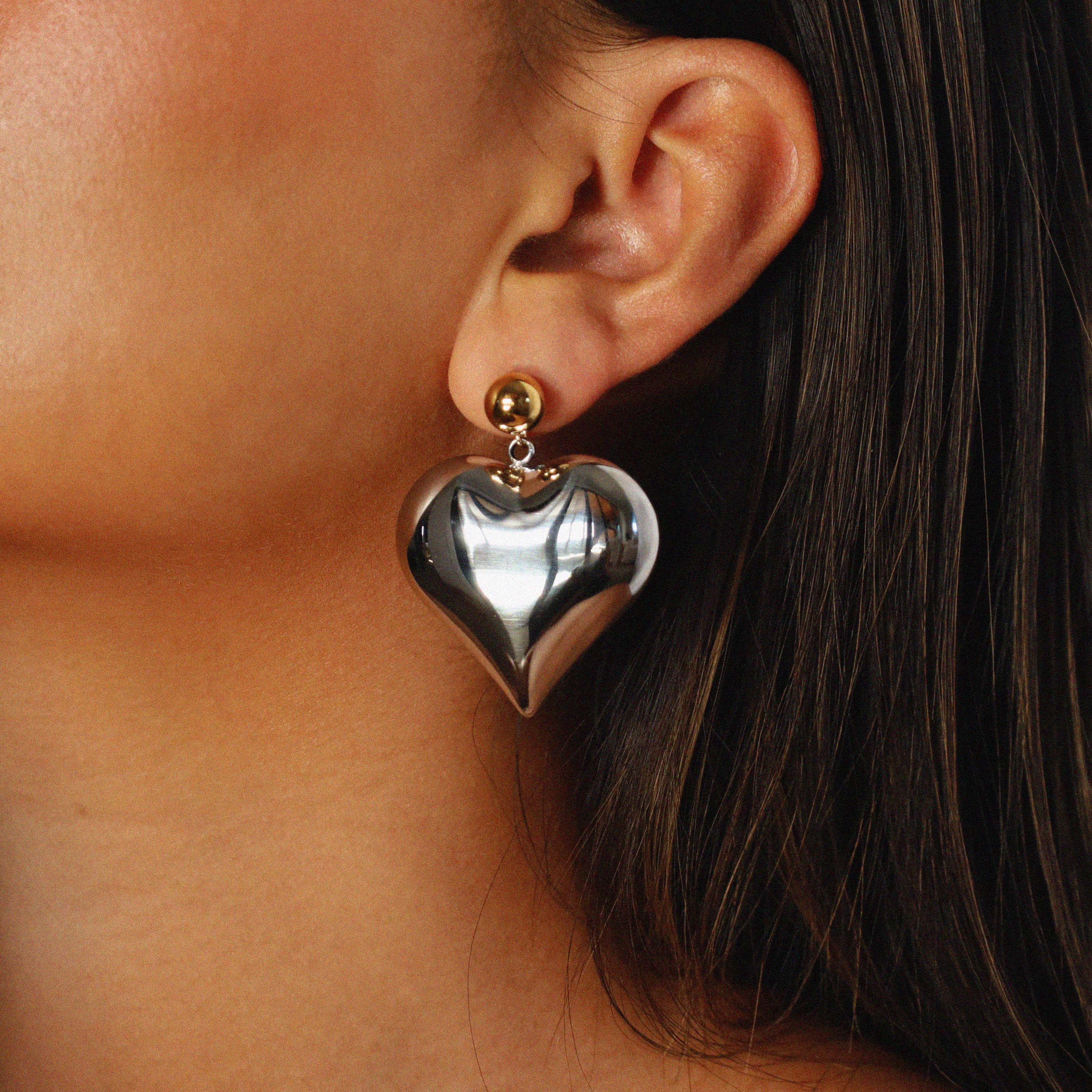 evalle silver earrings, silver chunky puffy heart earrings suspended from a gold ball stud, verrmae, earrings, rhodium plated jewellery, rhodium plated earrings, rhodium plated stainless steel, rhodium plated, waterproof jewellery, vintage inspired jewellery, vintage inspired earrings, jewellery melbourne, jewellery, statement jewellery, everyday jewellery, silver jewellery, silver earrings, silver plated earrings, silver plated jewellery, jewellery australia