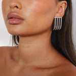 ewella earrings, silver rectangular-shaped statement earrings that feature a thick vertical ribbed design