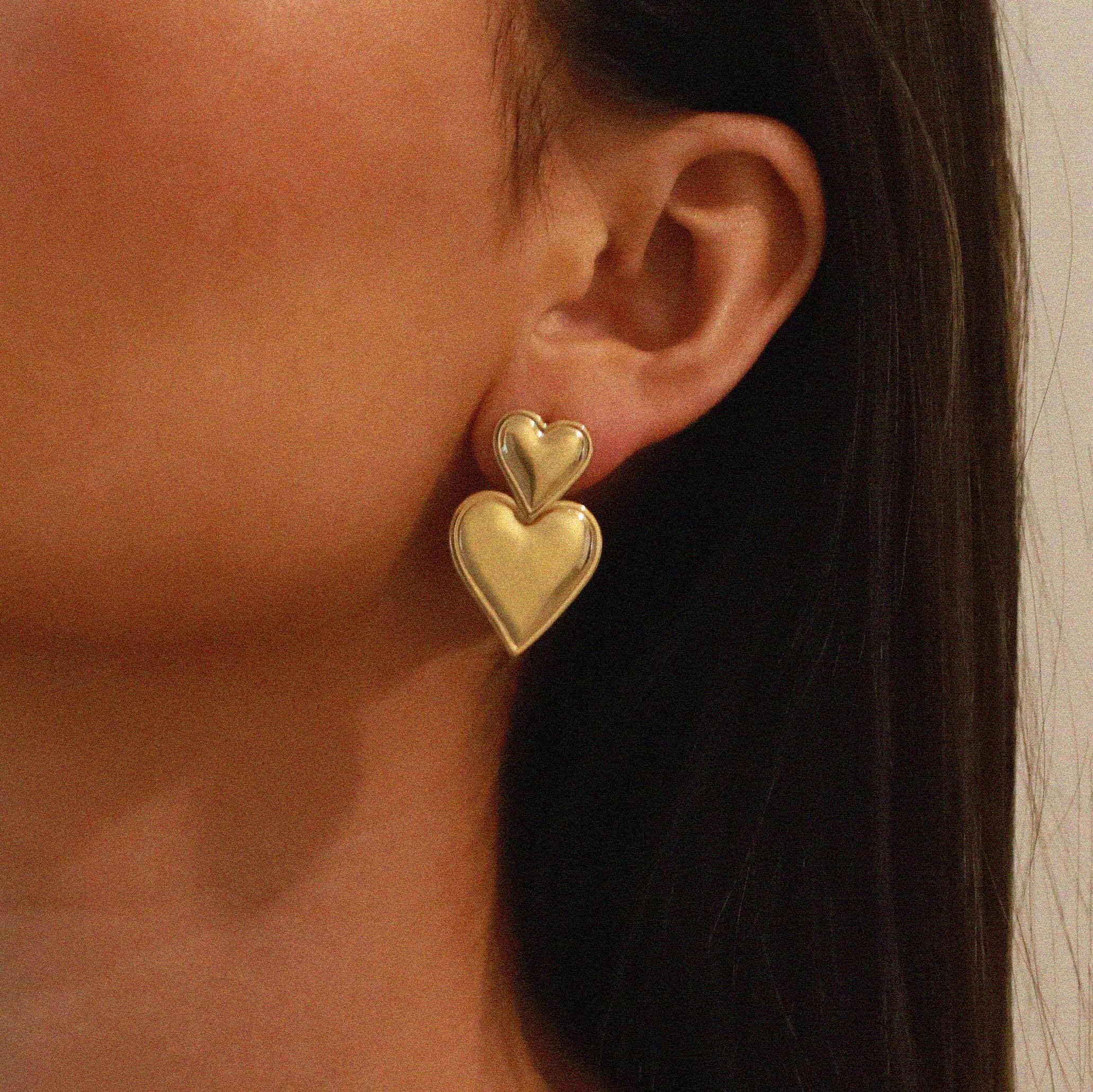 verrmae, emiko gold earrings, double heart gold earrings, 18k gold plated jewellery, 18k gold plated earrings, 18k gold plated stainless steel, 18k gold plated, waterproof jewellery, vintage inspired jewellery, vintage inspired earrings, jewellery melbourne, jewellery, statement jewellery, everyday jewellery, gold jewellery, gold earrings, gold plated earrings, gold plated jewellery, jewellery australia