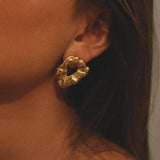 verrmae, etteva earrings, large hammered irregular texture oval like earring with open center, 18k gold plated jewellery, 18k gold plated earrings, 18k gold plated stainless steel, 18k gold plated, waterproof jewellery, vintage inspired jewellery, vintage inspired earrings, jewellery melbourne, jewellery, statement jewellery, everyday jewellery, gold jewellery, gold earrings, gold plated earrings, gold plated jewellery, jewellery australia
