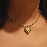 verrmae, narrei necklace, gold 3mm round snake chain necklace with 19mm chunky heart pendant, verrmae, necklaces, 18k gold plated jewellery, 18k gold plated necklace, 18k gold plated stainless steel, 18k gold plated, waterproof jewellery, vintage inspired jewellery, jewellery melbourne, jewellery, everyday jewellery, gold jewellery, gold necklace, gold plated necklace, gold plated jewellery, jewellery australia